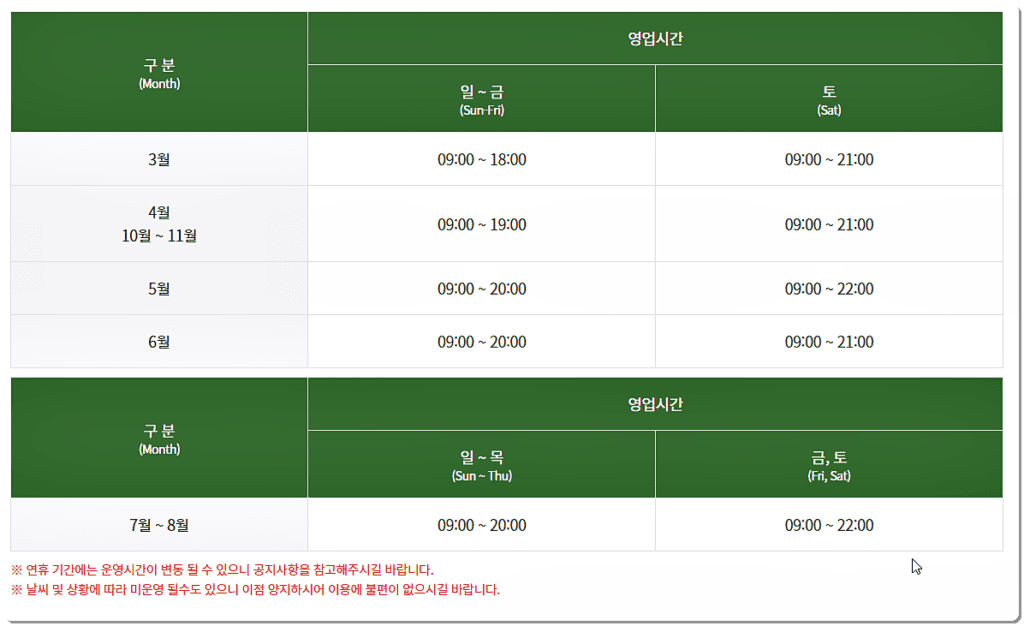 케이블카 운영시간