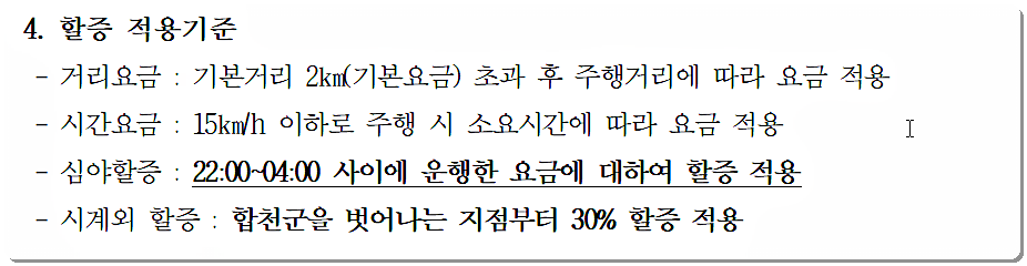 합천군 택시 요금 적용 기준