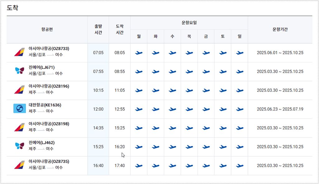 국내선 비행기 시간표 조회 방법 2